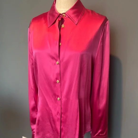 St. John Hot Pink Silk Long Sleeve Button Down Shirt - Picture 2 of 6